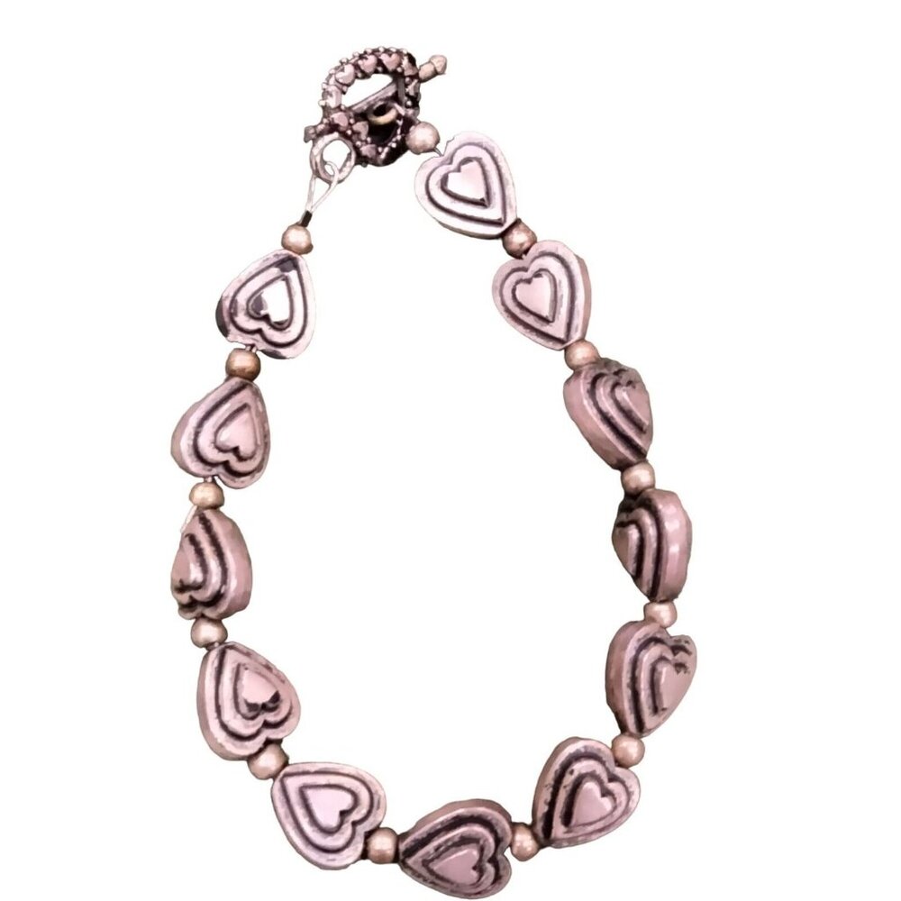 Vintage Silver Tone Metal Heart Bead Bracelet Valentines Day 8 inch